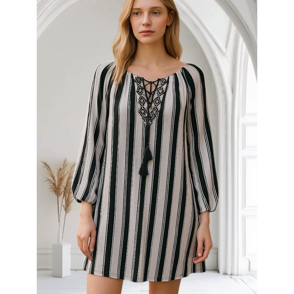 PPLA Blouse Womens Large Black Striped Summer Tunic Boho Peasant White Black